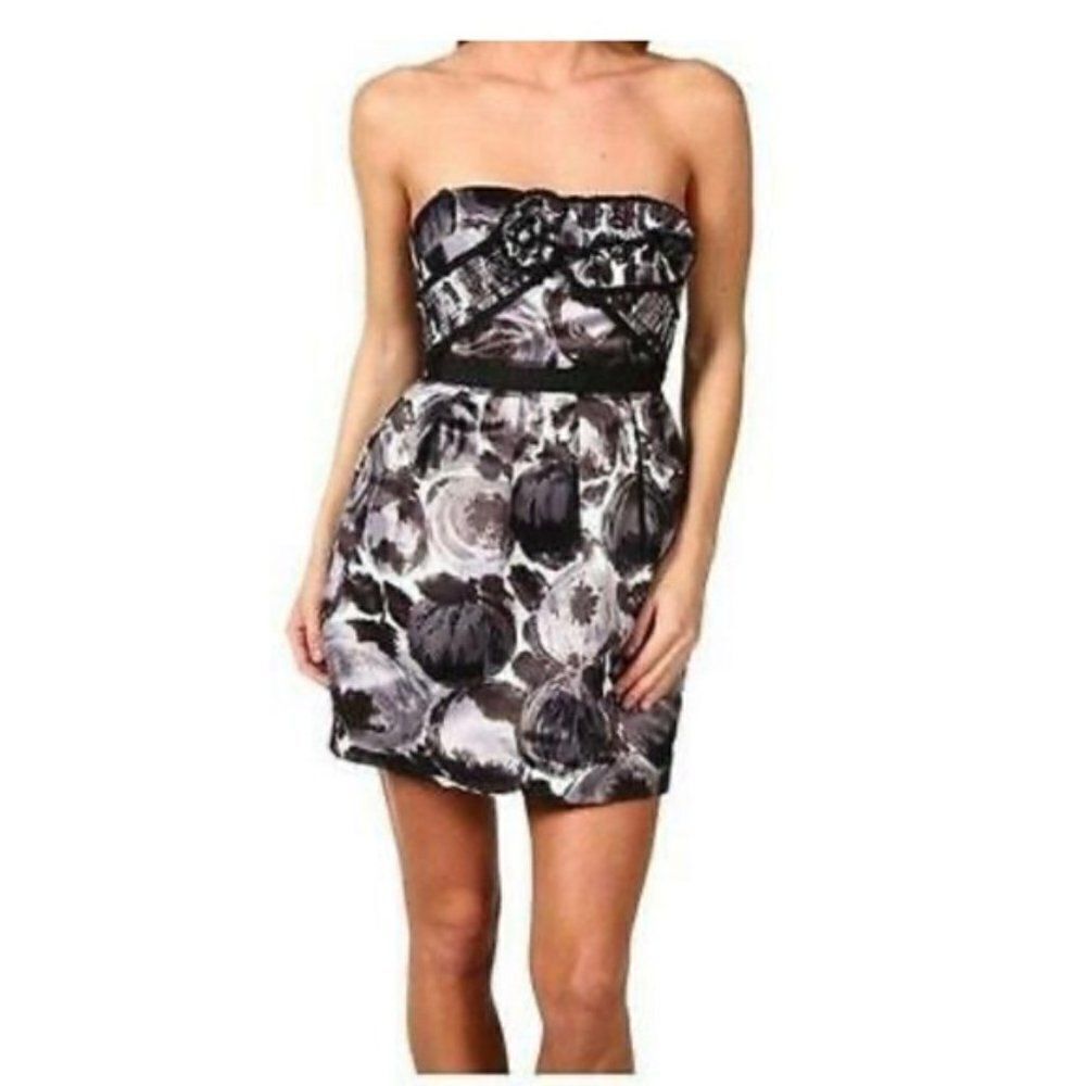 BCBGMaxAzria Dress RosetteTuxedo Strapless Bubble Black Gray Size 4 Prom Wedding